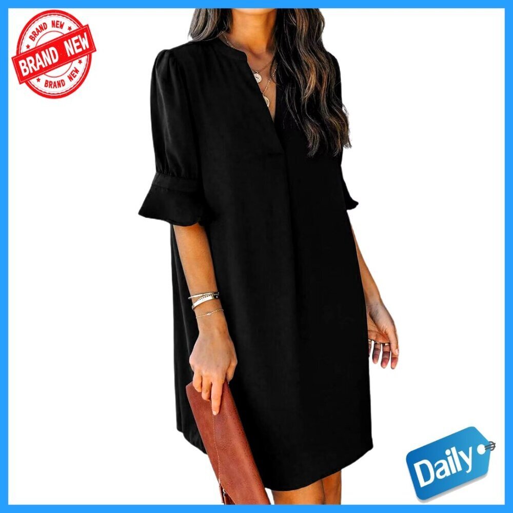 V-Neck Ruffle Shift Dress Loose Fit Polyester Casual Summer